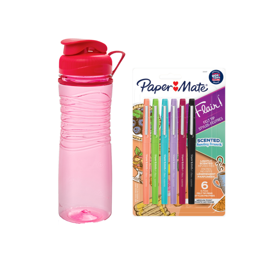 Botella de Tritan Rubbermaid Chug Ring 591ml Rosado + Marcadores con Aroma Paper Mate Flair X6 Punta Media